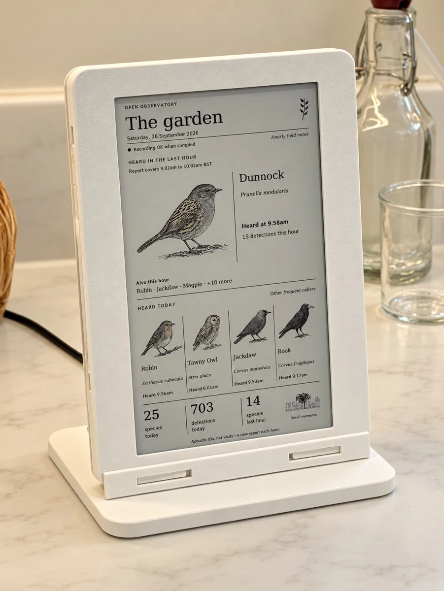 Garden Ink running on the kitchen counter in its white, 3D-printed enclosure.